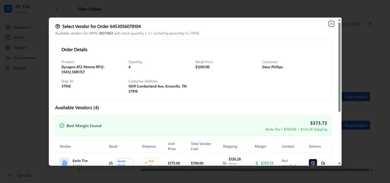 GE Tires OrderHub website