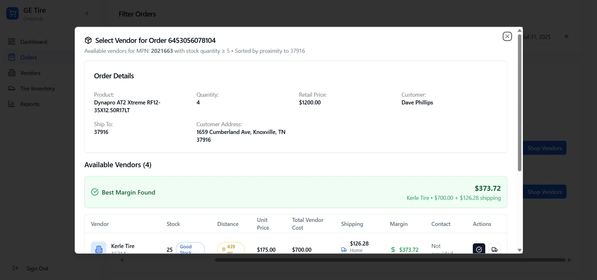 GE Tires OrderHub — Automated order routing, vendor sourcing and shipping for a tyre marketplace.
