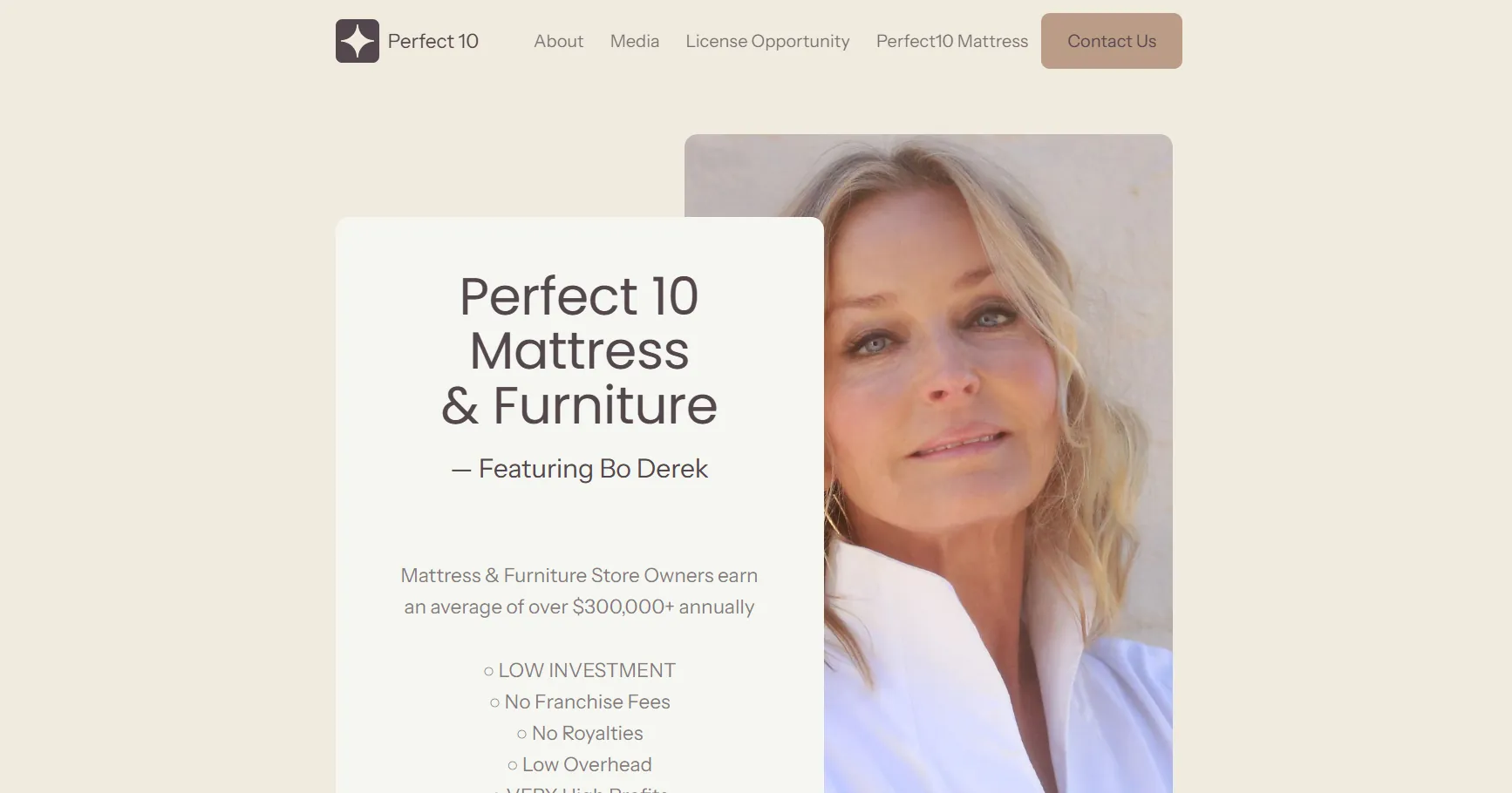 Perfect 10 Mattress — A clean storefront for a premium mattress brand endorsed by Bo Derek.